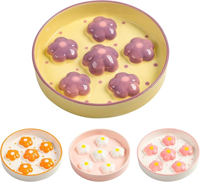 Ceramic Cat Slow Feeder Bowl - 6 OZ Puzzle Food Dish for Healthy Eating - Shallow Wide Whisker Friendly - Dishwasher Safe - 6.3''W x 1.2''H - 6 OZ - Light Purple Flower