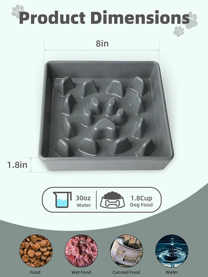 Ceramic Slow Feeder Dog Bowl, 1.8 Cup Fun Pet Food Dish for Small & Medium Breeds to Slow Down Eating, Anti-Gulping, Stop Bloat, Preventing Choking (Grey)