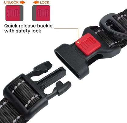 Taglory Reflective Dog Collar with Safety Locking Buckle, Soft Neoprene Padded Dog Collar for Large Dogs, Metal D-Ring, Adjustable Nylon Neck Strap for Daily Walking, Training & Running, Black, L