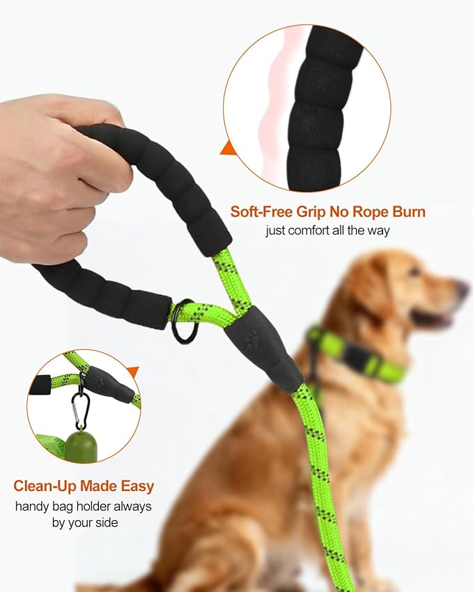 Joytale Dog Leash for Large Dogs, Heavy Duty Nylon Leashes with Comfortable Padded Handle and Highly Reflective Threads, Ideal for Walking and Training, Green, 6'×1/2''