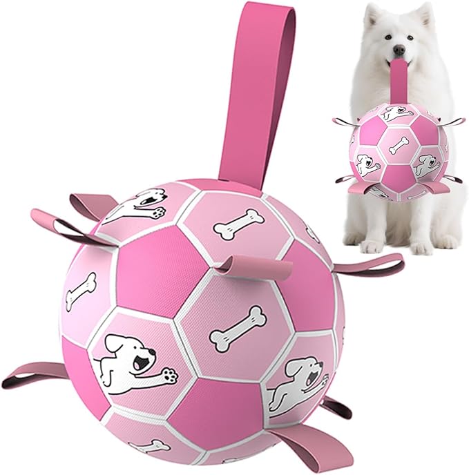 Dog Soccer Ball, Interactive Toys for Tug of War, Puppy Birthday Gifts, Tug Toy, Water Toy, Durable Balls for Small & Medium Size(8 inch-Pink)
