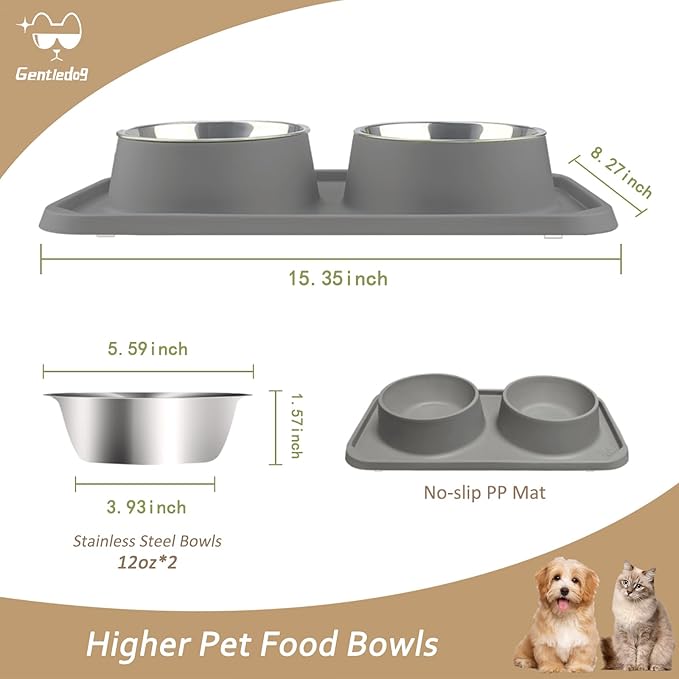 Cat Bowls for Food and Water, Upgrade Cat Food Bowls for Indoor Cats, Premium Removable Stainless Steel Double Bowls with Silicone Anti-Slip Pads, Water Bowl for Cats and Dog (Drak Grey)