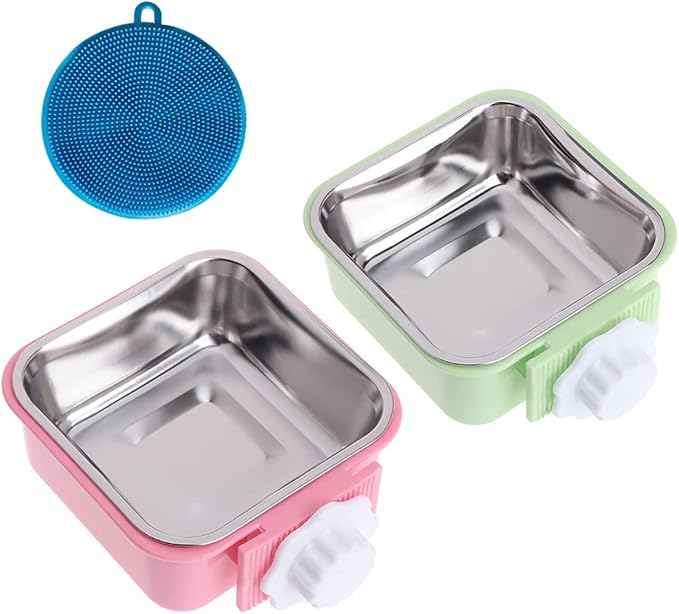 Love Dream Crate Dog Cat Bowl, Removable Stainless Steel Hanging Pet Cage, Food Water Feeder with Bolt for Puppy Birds 2 Pack with Silicone Sponge Dish Brush