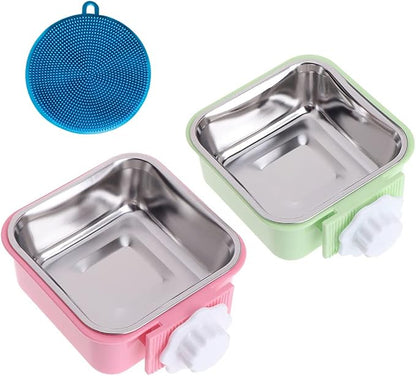 Love Dream Crate Dog Cat Bowl, Removable Stainless Steel Hanging Pet Cage, Food Water Feeder with Bolt for Puppy Birds 2 Pack with Silicone Sponge Dish Brush
