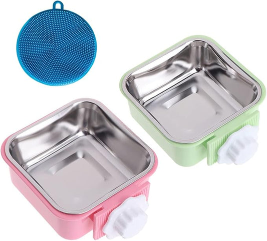 Love Dream Crate Dog Cat Bowl, Removable Stainless Steel Hanging Pet Cage, Food Water Feeder with Bolt for Puppy Birds 2 Pack with Silicone Sponge Dish Brush