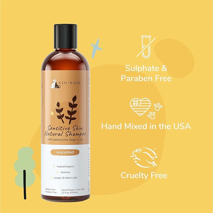 kin+kind Sensitive Skin Natural Dog and Cat Shampoo - Gentle Oatmeal Clean - Fragrance Free - 12 fl oz