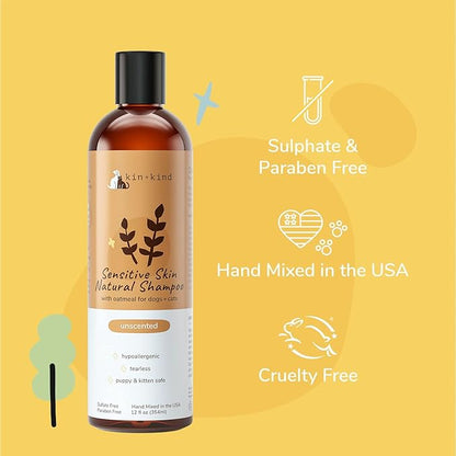 kin+kind Sensitive Skin Natural Dog and Cat Shampoo - Gentle Oatmeal Clean - Fragrance Free - 12 fl oz