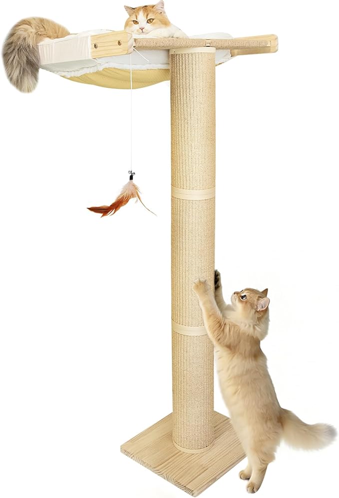 54.3" Cat Window Perch with 3 Adjustable Roman Column Sisal Posts, White Rabbit Fleece Cushions, Drill-Free Suction Cups, Multi-Level Climbing Perch, 60 lbs Capacity