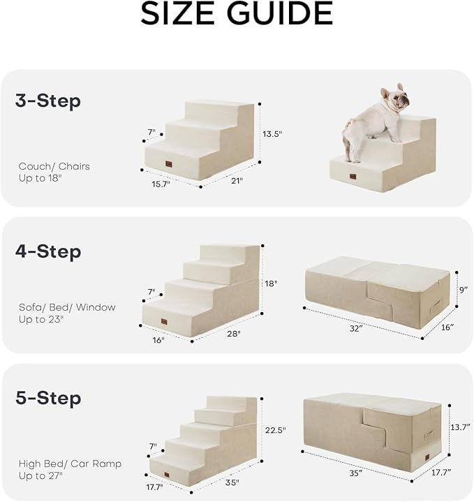 Made4Pets Dog Steps for Bed, Extra Wide Dog Stairs for High Bed Couch Sofa, 35D Foam Pet Steps for Small Dogs and Cats(Up to 40lbs), Non-Slip Bottom Pet Stairs, Beige, 4 Steps