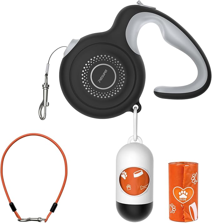 10Ft Auto-Brake Retractable Dog Leash with Chew-Proof Steel Cable, 360° Tangle-Free, Shock Absorbing, Built-in Poop Bag Dispenser, Ergonomic Comfort Grip Handle for Small Medium Dogs Up to 60lbs