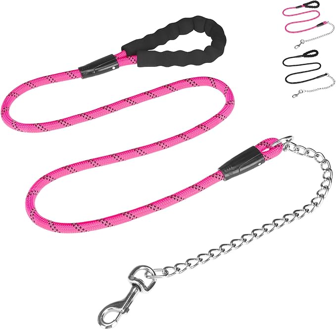 HOMIMP Chew Proof Dog Leash for Medium Large Dogs, Reflective 6 FT Heavy Duty Metal Chain Dog Leashes with Soft Padded Handle, Anti Bite Durable Rope Leashes for Pitbull, Non Chewable