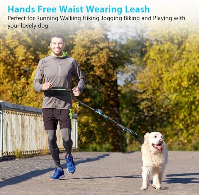 Hands Free Dog Running Leash with Adjustable Waist Belt, Dual Handle Elastic Bungees Retractable Rope for Small and Medium Dogs, Reflective Stitches for Walking Hiking Biking (Medium, 8-25lb)