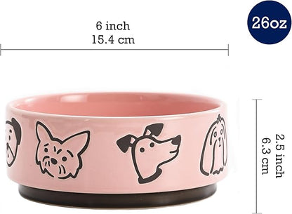 Bico Cute Dog Face Pink Ceramic 26oz Pet Bowl, for Medium Size Dog, Puppy, Durable and Dishwasher Safe Stoneware
