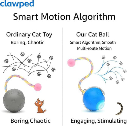 Interactive Cat Ball Toy, Automatic Self-Rolling, Motion-Activated, 3 Replaceable Teaser Wand Tails, Food-Grade TPU-Reinforced, Built-In Bluetooth Speaker with Preloaded Bird Sounds/Optional Music