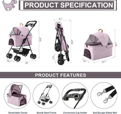 3-in-1 Pet Stroller for Small Dogs and Cats, Folding Lightweight Dog Stroller with Detachable Carrier Portable Cat Puppy Jogging Stroller with Cup Holder and Storage Basket, 4 Wheels