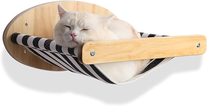 Cat Hammock Wall Mounted Large Cats Shelf - Solid Wood Cat Perches Climbing Shelf- Stripes Kitty Furniture for Sleeping, Playing, Climbing, and Lounging - Easily Holds up to 40 lbs (Stripes Hammock)