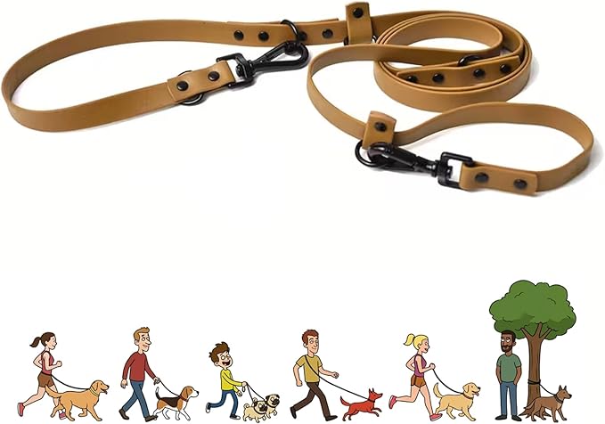 Waterproof Slip Lead Dog Leash, Heavy Duty Hands Free Waist Buckle Leash 6.5FT for Running, Medium to Large Dogs, Dual End Clips for Two Dogs,Brown