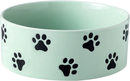 6.5 Inch Green Ceramic Dog Bowl with Paw Print Pattern - Porcelain Wide Mouth Dog Food or Water Bowls, Large Feeding Pet Bowls for Indoor Medium Sized Dogs, for Wet or Dry Food