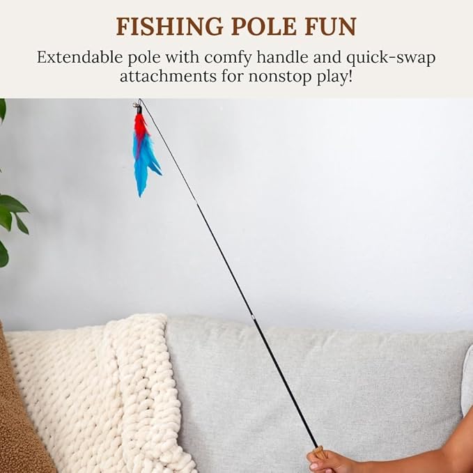 Interactive Cat Toys for Indoor Cats - Retractable Fishing Pole Teaser Wand - Suction Cup Window Mount - Hanging Door Bouncer - 9 Feather Attachments - Bored Adult Feline Activity - Kitten Juguetes