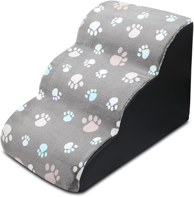 Pet Stairs, 3-Steps Dog Stairs, Removable and Washable Dog Stairs with Slope Steps and Non-Slip Bottom, Soft and Comfortable Dog Ramp(Grey-Paw)