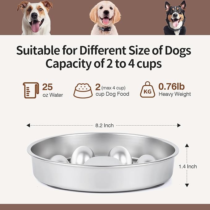 Slow Feeder Dog Bowls Stainless Steel with Non-Slip Silicone Base Metal Bowl 2 Cups Heavy Duty Large Capacity Slow Feed for Small, Medium, Large Breed Dogs to Slow Down Eating