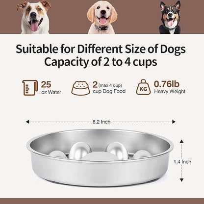 Slow Feeder Dog Bowls Stainless Steel with Non-Slip Silicone Base Metal Bowl 2 Cups Heavy Duty Large Capacity Slow Feed for Small, Medium, Large Breed Dogs to Slow Down Eating