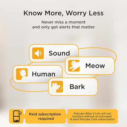 Petcube Bites 2 Lite + Extra Care Service with Smart Alerts [Paid in-App Subscription] | Interactive WiFi Pet Monitoring Camera with Phone App and Treat Dispenser, 1080p HD Video, Night Vision