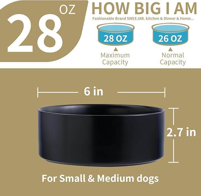 Black Elevated Dog Bowl Ceramic for Small Medium Sized Breed,Raised Dog Food Water Bowl with Stand,6 in 3.6 Cups Non Slip Pet Dish Heavy Weighted Marble Grey