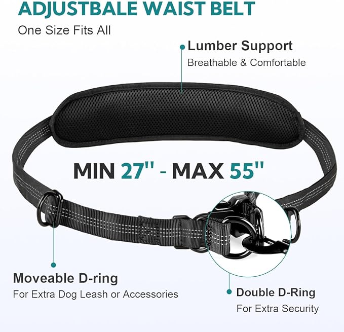 Hands Free Dog Leash 2 Dogs, Multifunctional Double Waist Leash forTwo Dogs Walking, Runing, with Waist Belt,Zipper Pouch and Shock Absoring Bungee (Grey-Green Midum Size, 2 Leashes)
