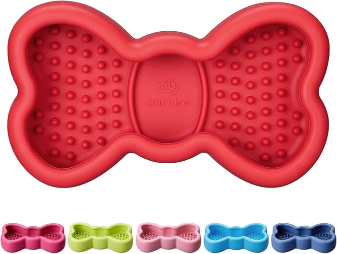 Lick Mat for Dogs, Animire Anti-Spilled Bow Tie Lick Bowls for Anxiety Relief, Silicone Slow Feeder Licking Pad with Suction Cups, Freezeable Dog Enrichment Toy for Boredom and Distraction(Red,L)