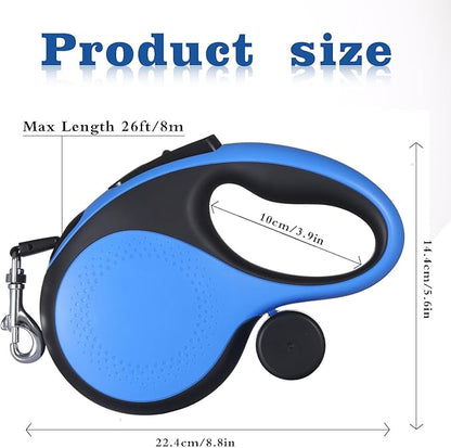 Heavy Duty Retractable Dog Leash 26ft - Tangle-Free 360° Design for Large Dogs Up to 110lbs, with One-Handed Brake & Lock, Anti-Slip Handle, Heavy-Duty Nylon Tape (Blue)