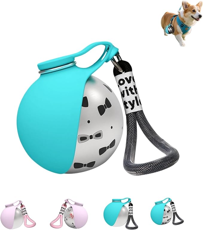 Ball-Shaped Dog Water Bottle, Stainless Steel Portable Pet Waterer with Food-Grade Foldable Silicone Bowl, Leak-Proof & Lightweight Puppy Drinking Flask for Walking, Hiking (D)
