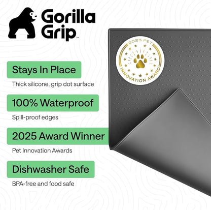 GORILLA GRIP 100% Waterproof Raised Edge BPA Free Silicone Pet Feeding Mat, Dog Cat Food Mats Contain Spills Protects Floors, Placemats for Cats and Dogs Water Bowl Pets Accessories 18.5x11.5 Charcoal
