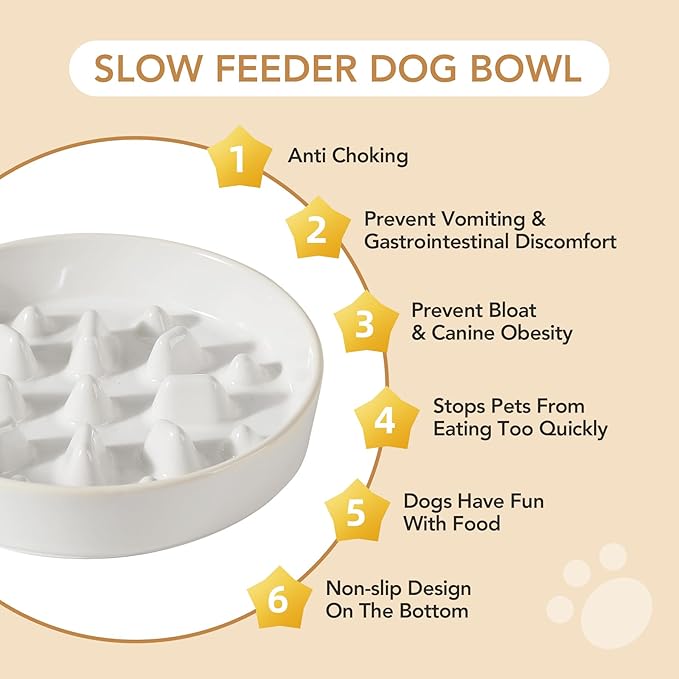 Ceramic 1.6 Cup Dog Bowl Slow Feeder for Fast Eaters, 8.2inch Slow Pet Food Dish for Medium and Large Dog, Stop Bloat, Preventing Choking(Single Bowl,Reactived Glaze -White)