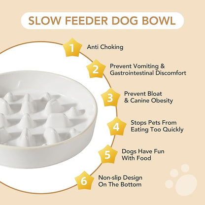 Ceramic 1.6 Cup Dog Bowl Slow Feeder for Fast Eaters, 8.2inch Slow Pet Food Dish for Medium and Large Dog, Stop Bloat, Preventing Choking(Single Bowl,Reactived Glaze -White)