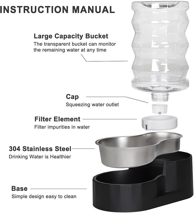 RIZZARI Dog Food Water Dispenser: 6.5L Large Black Stainless Steel Gravity Water Feeder -Removes Odors - Softens Water-Helps Prevent Urinary Stones- ForSmall and Medium-Sized Dogs and Cats