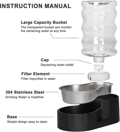 RIZZARI Dog Food Water Dispenser: 6.5L Large Black Stainless Steel Gravity Water Feeder -Removes Odors - Softens Water-Helps Prevent Urinary Stones- ForSmall and Medium-Sized Dogs and Cats