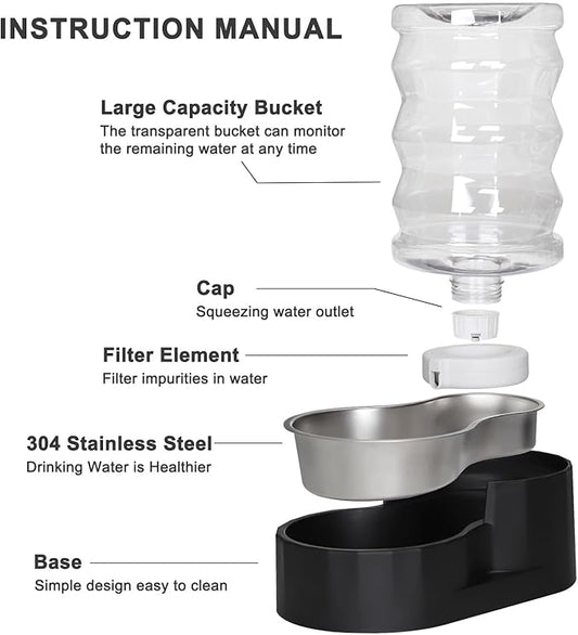 RIZZARI Dog Food Water Dispenser: 6.5L Large Black Stainless Steel Gravity Water Feeder -Removes Odors - Softens Water-Helps Prevent Urinary Stones- ForSmall and Medium-Sized Dogs and Cats