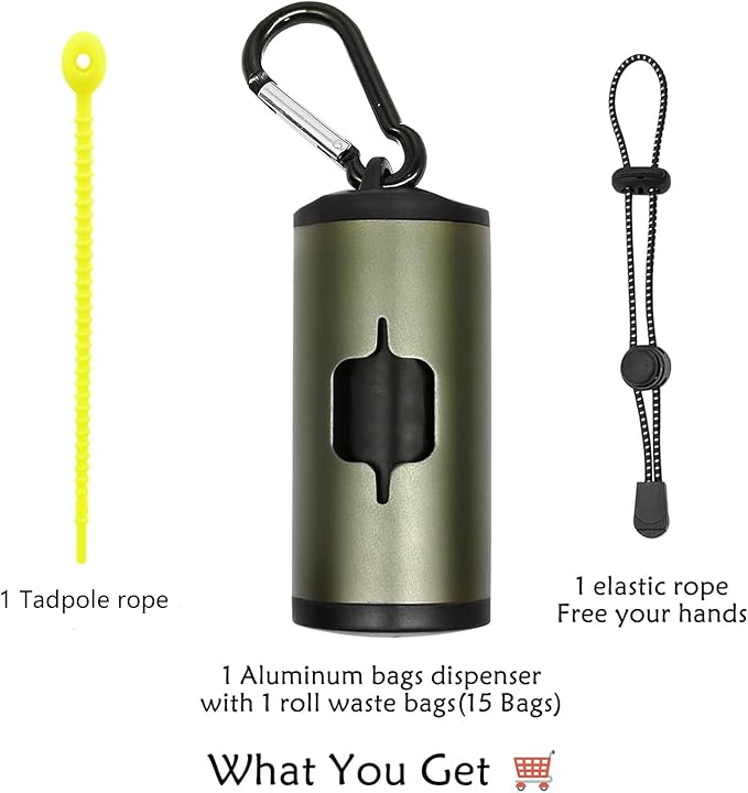 Aluminum Dog Poop Bags Holder with Carabiner Metal Pet Waste Bags Dispenser with Hook and Loop Fastener and Elastic Cord to Carry Used Bags (Olive Green)