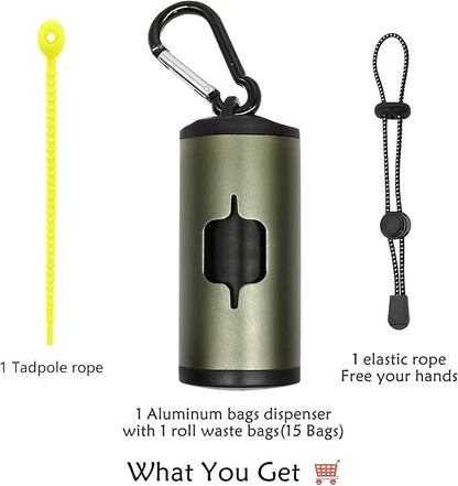 Aluminum Dog Poop Bags Holder with Carabiner Metal Pet Waste Bags Dispenser with Hook and Loop Fastener and Elastic Cord to Carry Used Bags (Olive Green)