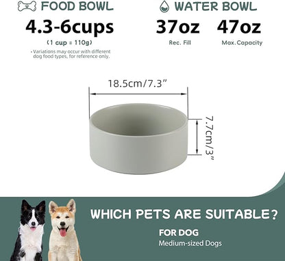 Ceramic Dog Bowl, Food and Water Bowl for Medium Breed Dog, Pet Bowl for Replacement (7.3 inch, Single Bowl, Grey)
