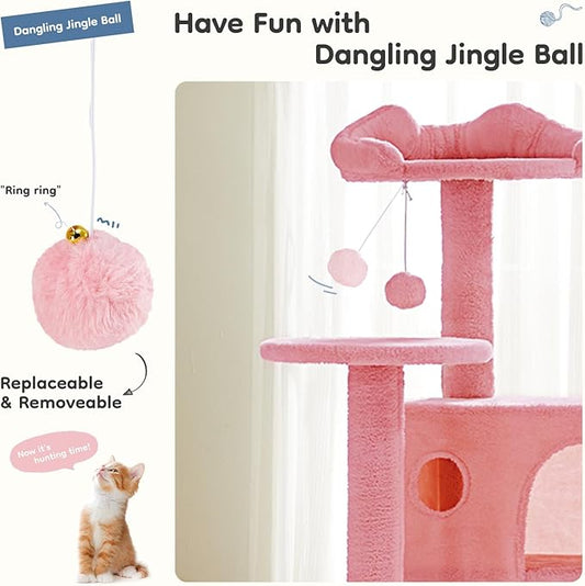DUMOS 54-inch Indoor Cat Tree Tower –Multi-Level Pet House for Large Cats with 2 Condos, Scratching Posts, Round Platform, Small Ladder, and Toys, Pink