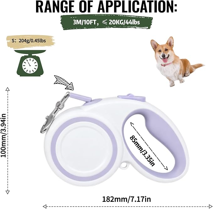 Retractable Dog Leash, 360° Tangle-Free Highly Reflective Nylon Tape, Non-Slip Rubberized Handle, 10-16FT Long Dog Leash for Dogs up to 66LBS,S-Purple