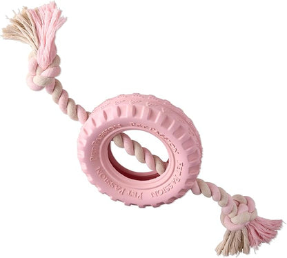 Natural Rubber Tire and Organic Cotton Rope Pull and Chew Dog Toy for All Pet Breeds, Blush, Large