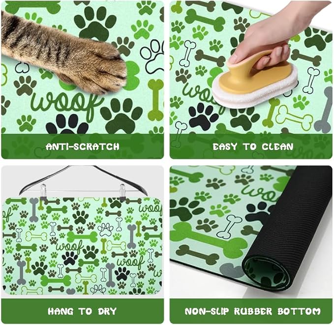 Dog Food Mats for Floors Waterproof, Pet Water Bowl Mats Pet Feeding Absorbent Placemats Green 16 * 24 inch