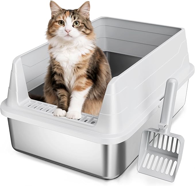 Stainless Steel Cat Litter Box, Odor Free Metal Litter Box with High Sides Lid, Open Top Low Entry Litter Pan Include Scoop Easy Cleaning Anti-Scratch Kitty Cat Box Anti-Urine Leakage, Non-Sticky, M