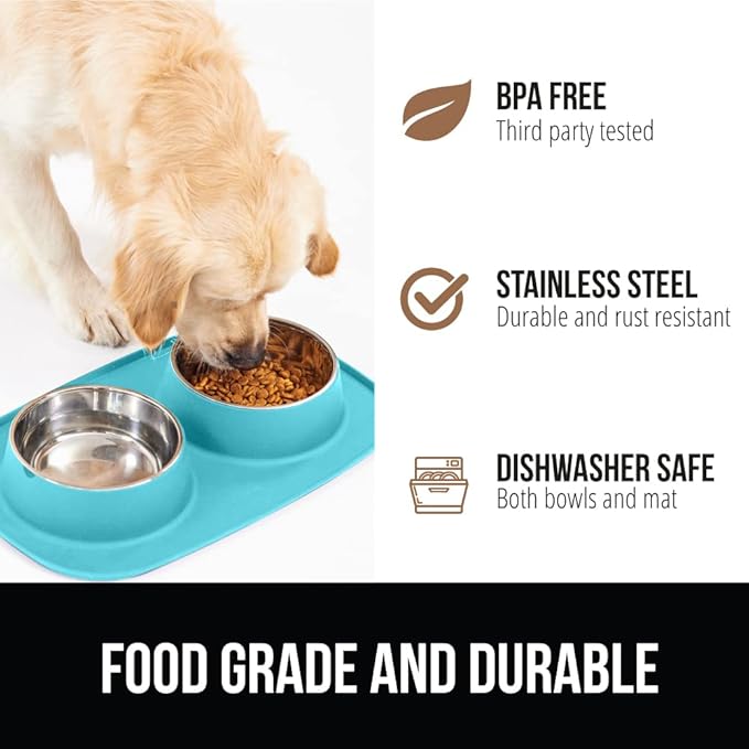 GORILLA GRIP Feeding Mat Bowl Set, 4 Cup 100% Waterproof BPA Free Silicone, 304 Stainless Steel Cat and Dog Bowls for Food and Water, Slip Resistant, High Edge, US Designed, Patent Pending, Turquoise
