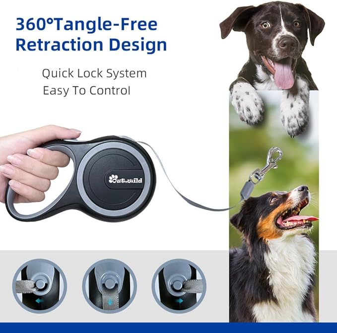OUTnWILD Retractable Dog Leash - Retractable Dog Leash 16ft for Small/Medium Breeds/Pets Up to 44lbs. 360° Tangle Free Design with One Touch Quick-Lock Braking System&Anti-Slip Handle. (Black, M)