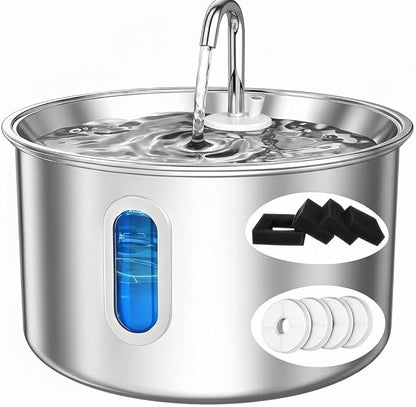 Cat Water Fountain Stainless Steel,3 L/ 101 oz Pet Water Fountain with 5-Stage Circulating Filtration System,Cat Fountain with Quiet Pump for Cats, Dogs (4 Filters + 4 Sponges)