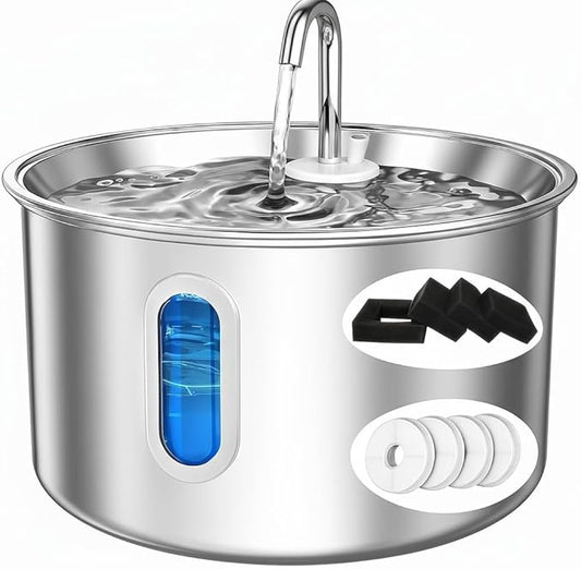 Cat Water Fountain Stainless Steel,3 L/ 101 oz Pet Water Fountain with 5-Stage Circulating Filtration System,Cat Fountain with Quiet Pump for Cats, Dogs (4 Filters + 4 Sponges)